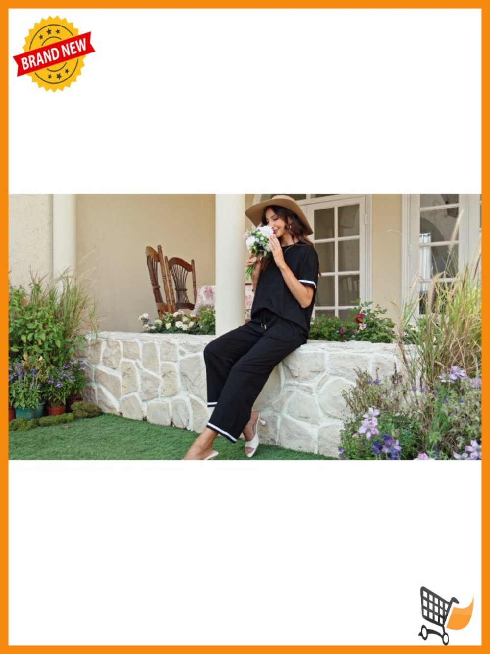 2 Piece Lounge Set Short Sleeve Crew Neck Top Wide Leg Pants with Pockets - Picture 6 of 6